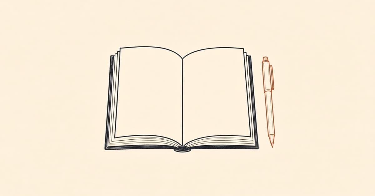 Ink drawing of an open notebook and a pen.