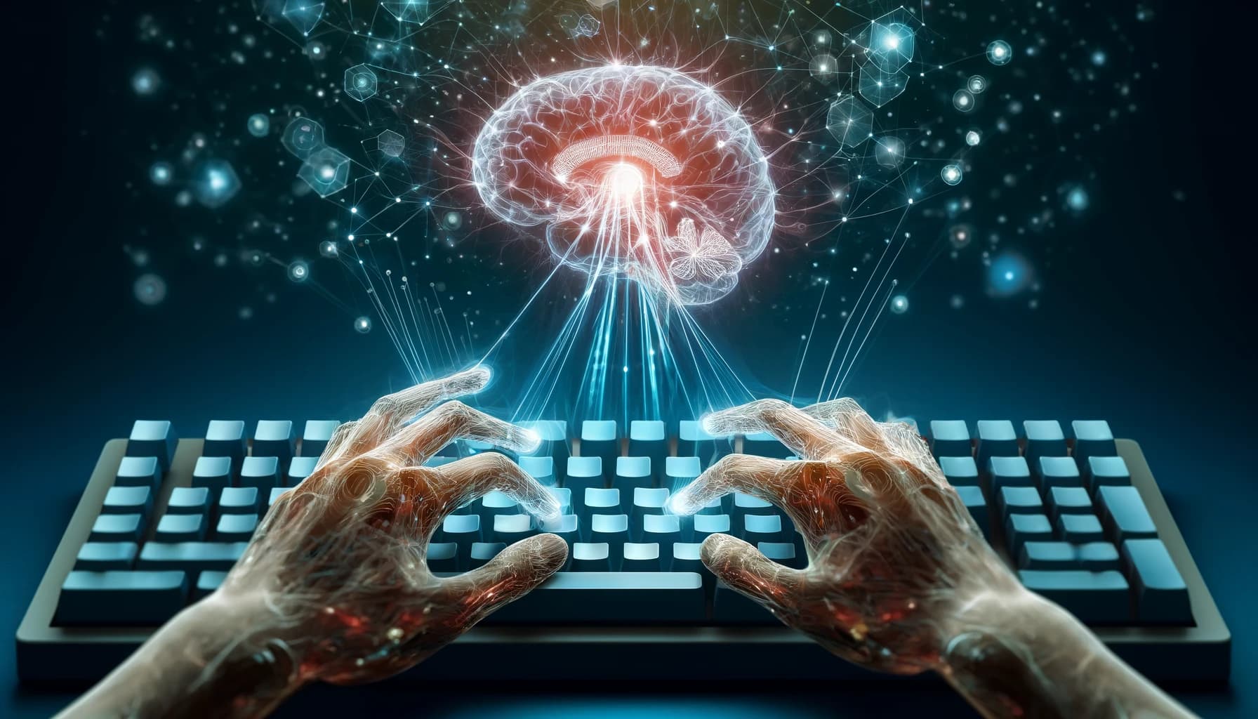 two hands typing on a keyboard which is connected to an abstract brain which represents muscle memory