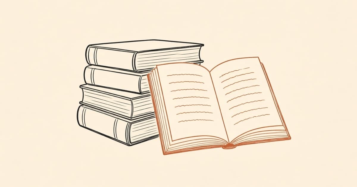 Ink drawing of a stack of books with one book open.