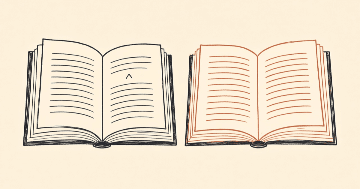 Two open books side by side, one in ink and one in rust, on warm paper