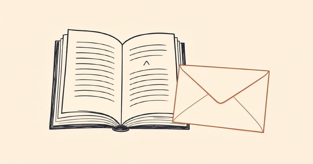 Ink drawing of an open book and a sealed envelope.