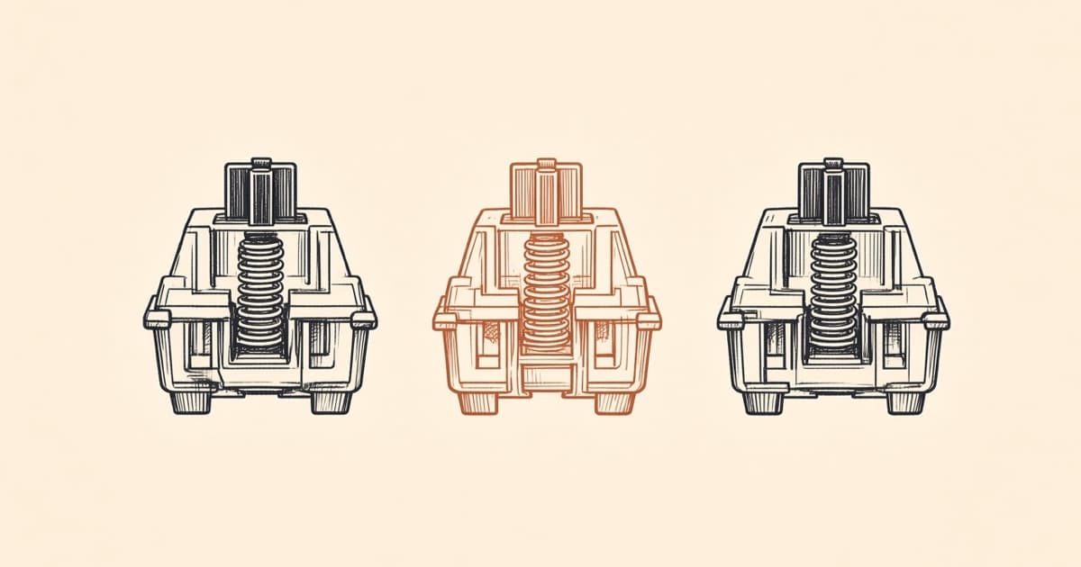 Ink drawing of three keyboard switches, the middle one in rust.