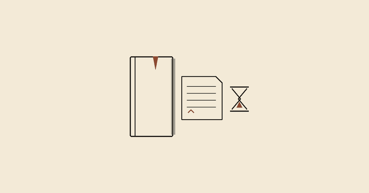 Ink drawing of a full bound book beside a short paper slip and a small hourglass, on cream paper.