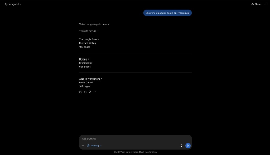 ChatGPT showing popular Typersguild book recommendations with titles, authors, and page counts